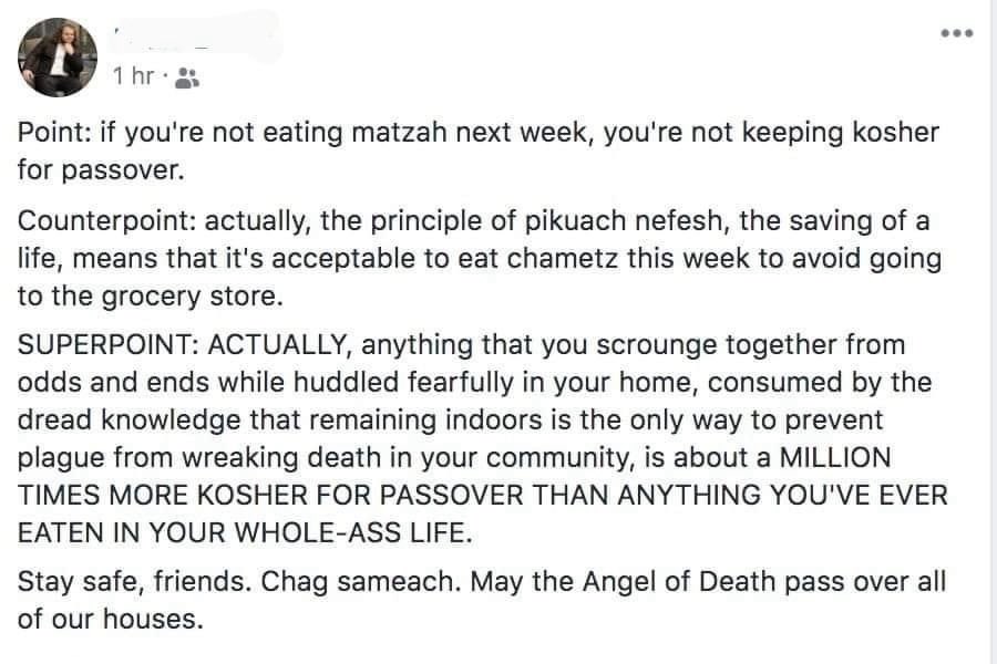 Please join me in feeling one million times better about all my failed seder plans this week.