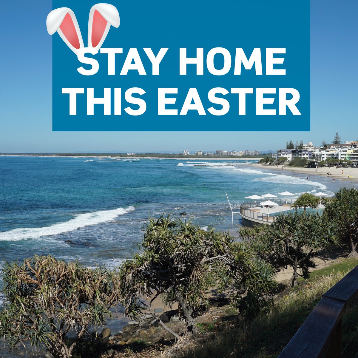 CouncilSCC's tweet photo. 🚫 SUNSHINE COAST IS CLOSED THIS EASTER 🚫

The only visitor welcome to the Sunshine Coast this weekend is the Easter Bunny. 🐰 #Stayhome

We love when people visit us but holidaymakers should postpone any planned visits at this time. #COVID2019AU https://t.co/MtwHA3RM8I