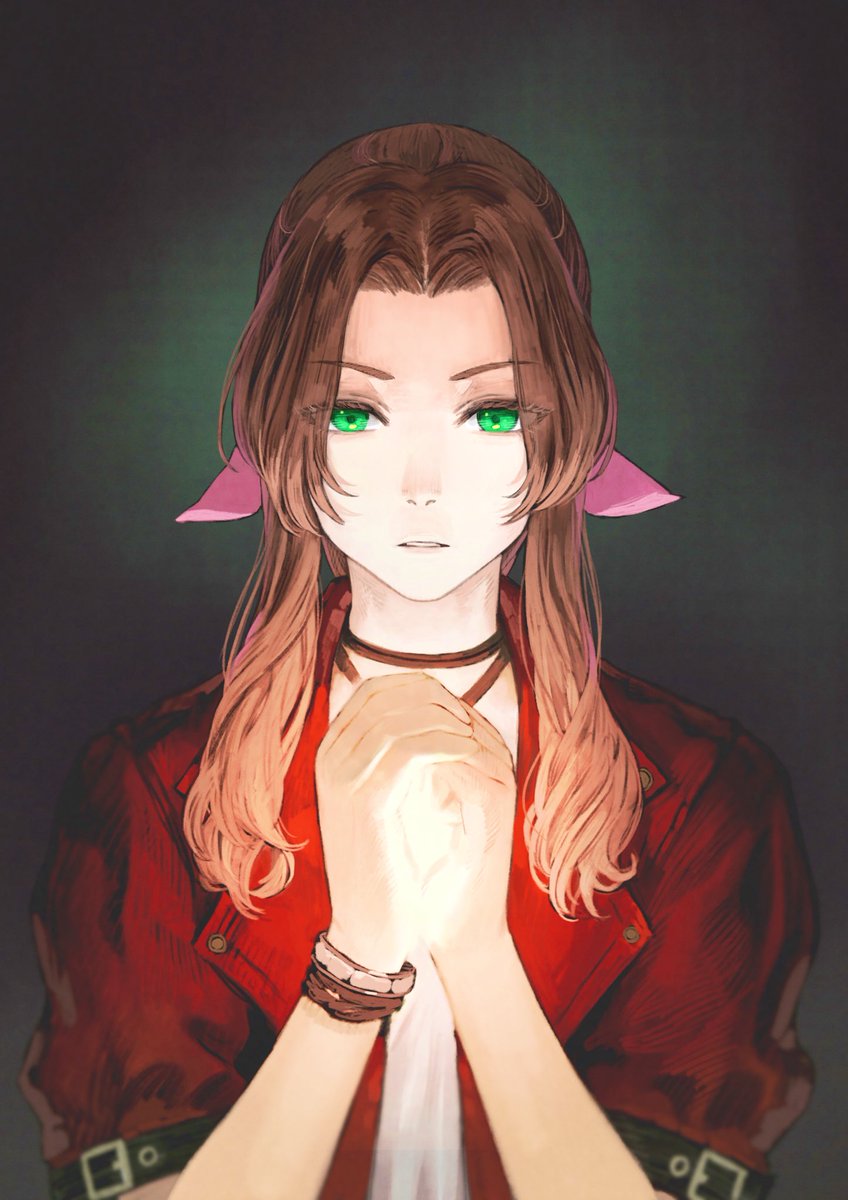 aerith gainsborough 1girl solo brown hair green eyes red jacket jacket upper body  illustration images