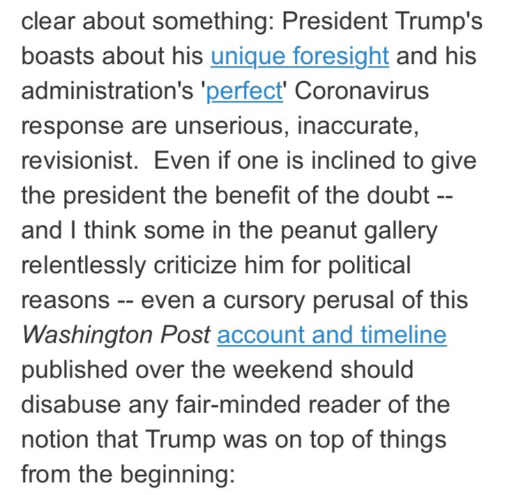 THREAD: Ok, I’ll bite. First, I think it’s undeniable that Trump downplayed the virus for far too long & the WaPo piece over the weekend paints a pretty damning picture of too much WH indecision, denial and dithering. I made these points in a Monday piece:  https://twitter.com/timodc/status/1247200168648175616