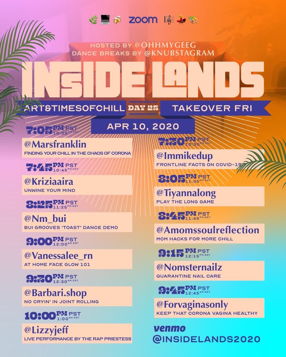 ohhmygeeg's tweet image. ISSA @arttimesofchill TAKEOVER OF #INSIDELANDS hosted by Yours Truly. This Friday 4/10 on ZOOM, 7PM PST/10PM EST #WEINHERE 👩🏻‍💻👨🏻‍💻👨🏽‍💻👩🏽‍💻 

Tune in for motivational learnings, feel good dance breaks, empowering learnings, &amp;amp; a performance by LIZZY JEFF. Music by #DJKNUB.

Sneak peek 👀