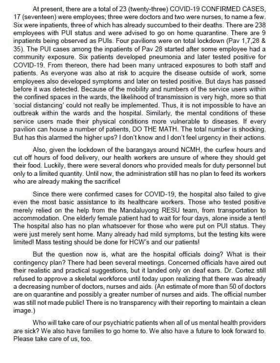flowerash's tweet photo. Please take time to read! They really need help #SaveNCMH!!! 
@DOHgovph @ellacolmenares @143redangel @sweet17claire @gracealekhine @marufrancisco 
The last part of this statement 👇🏻

“Who will take care of our psychiatric patients, when all of us are sick.” 
Please Help them!!! https://t.co/UQ2YbwBp9c