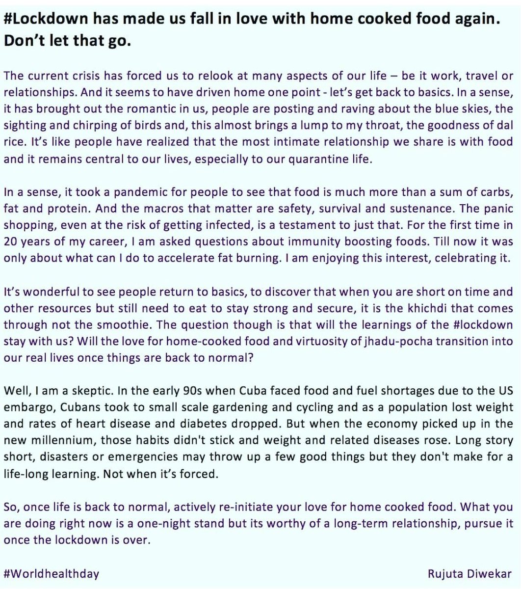 RujutaDiwekar's tweet photo. #lockdown has made us fall in love with home cooked food all over again. Don’t let that go. 
- a public appeal on #WorldHealthDay https://t.co/qUhXQD9a40