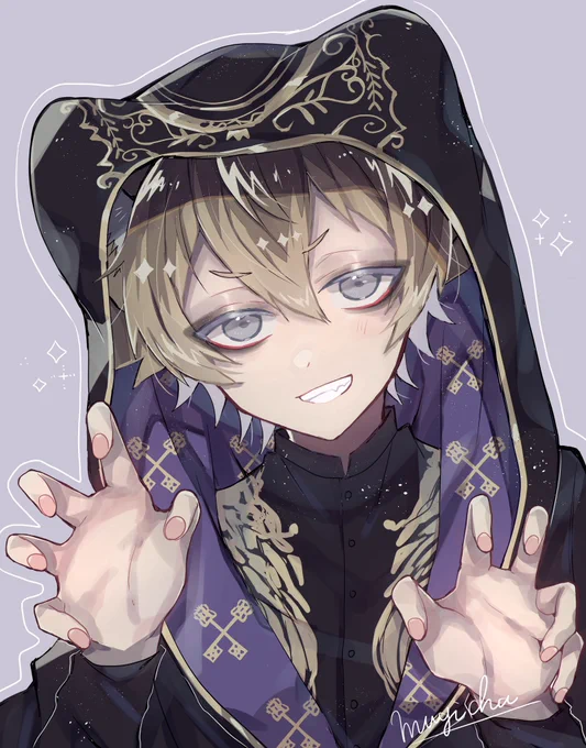 がぉ✨

式典服の目の周りのお化粧ヴィランっぽくてすごく好き(2枚目は趣味でサバナクロー風メイク)
#ツイステファンアート 