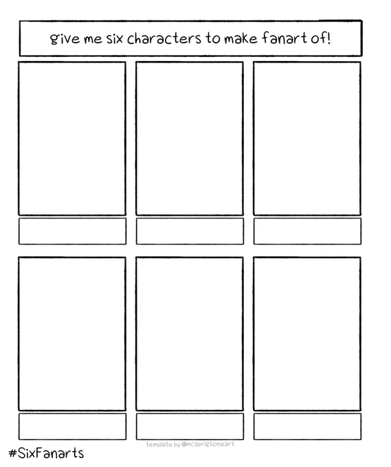 I can't touch this until the weekend but! Give me some characters for 6 fanarts and I'll surprise you all &lt;3 (i'll delete this later) 