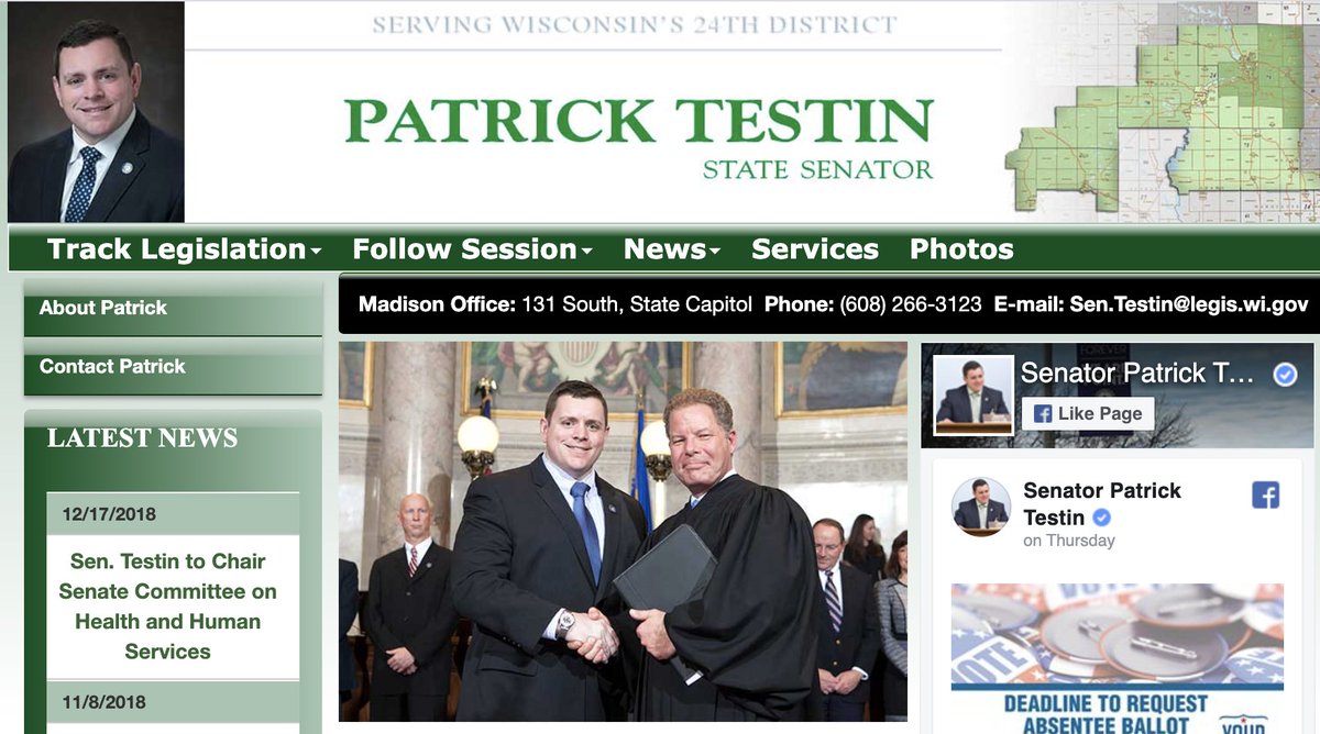  @SenatorTestin's official website proudly features him shaking hands with Dan Kelly, the Trump-endorsed SCOWIS Justice that the GOP hopes will be boosted through in-person pandemic voting today. Constituent feedback for Patrick? He's (608) 266-3123 & Sen.Testin@legis.wi.gov.