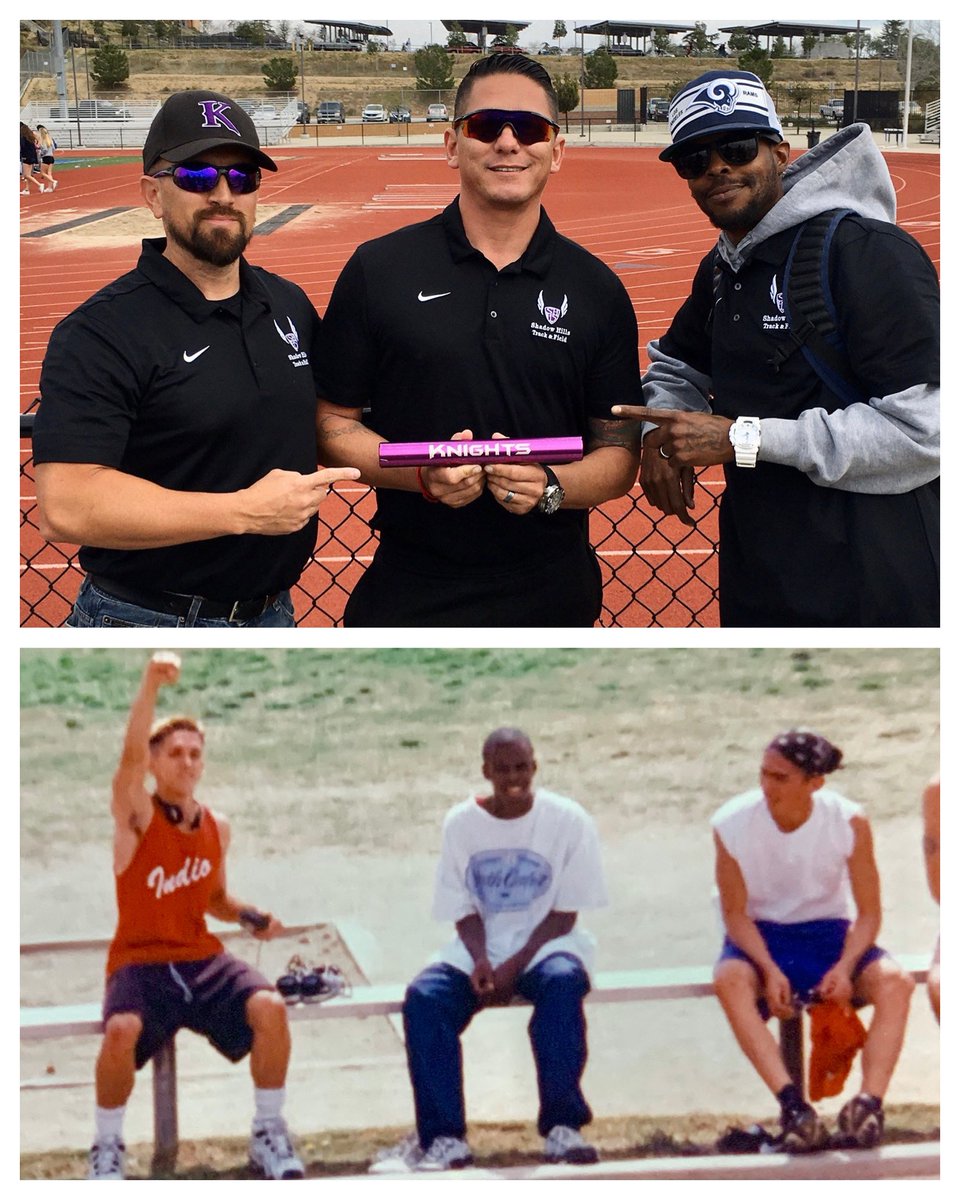 CoachDeTamble's tweet photo. #NationalStudentAthleteDay wouldn’t be complete without a little throwback to 3/4 of our old @IHSRajahs 4x100m relay team. 20 years later the boys are together again coaching #shhsTRACK at @AthleticsSHHS. Couldn’t ask for better coaches/friends. https://t.co/d47UJCVNEt