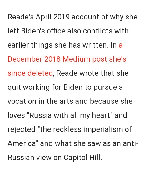 This is from Salon, btw. I'm just posting the parts I find super problematic.1. The story of being pushed out of her job is not the story she told before.2. She said in Dec 2018 she left to pursue a vocation in The Arts because she "loves Russia" with all her heart, etc.