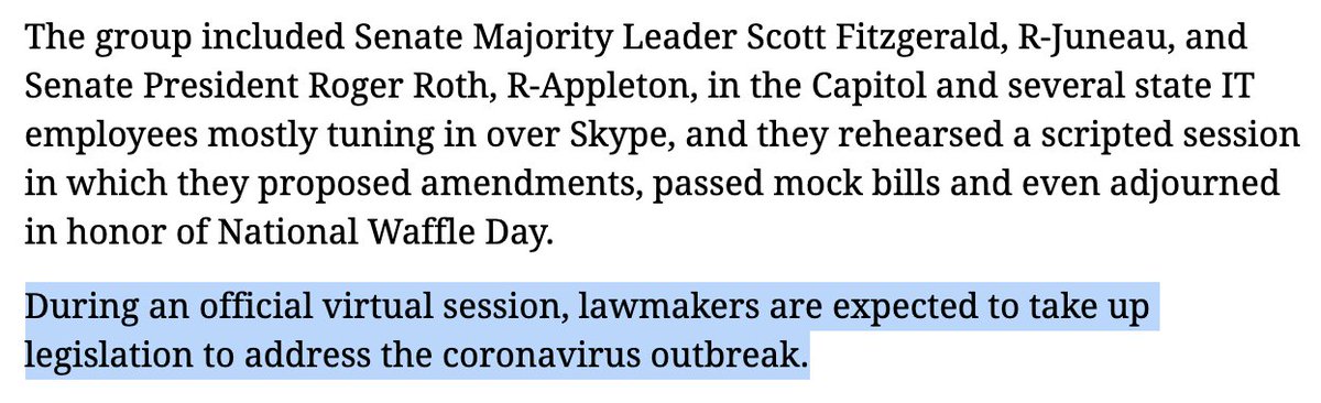 As Roth's press release noted, "During an official virtual session, lawmakers are expected to take up legislation to address the coronavirus outbreak."But guess what? The GOP-run WI legislature hasn't HAD an official virtual session! Hasn't done a single thing on COVID!