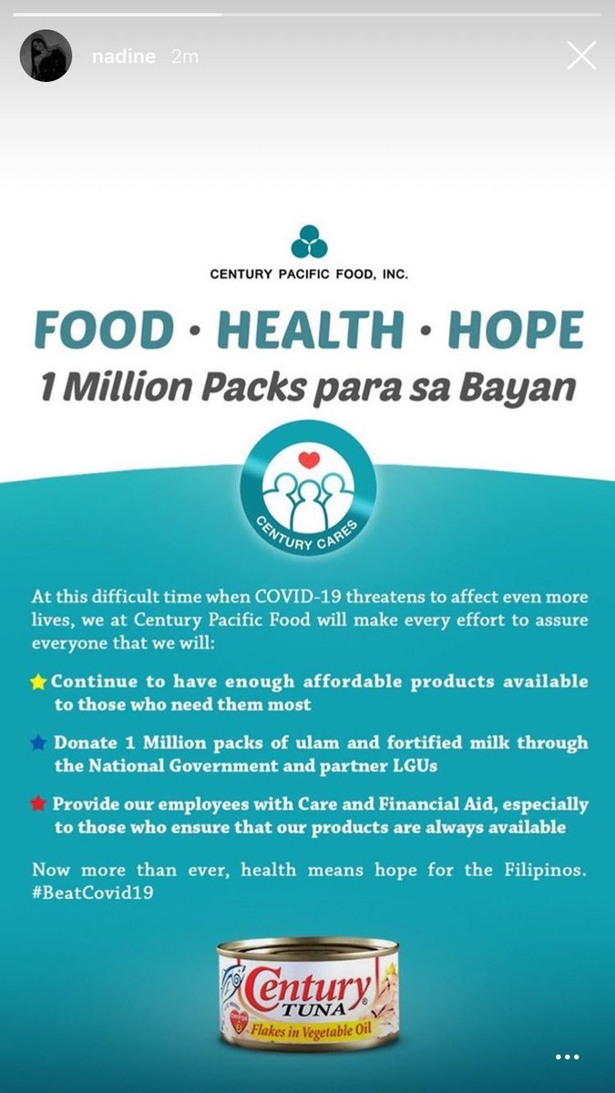 At this difficult time when COVID19 threatens more lives,  @Century_Tuna has been pushing for various initiatives to aid the public. Let’s support the brand to help them pay it forward to others. Nadine’s IGS c/o  @lovexpsycheMy FunnyWifey  #OTWOLFairytale2020