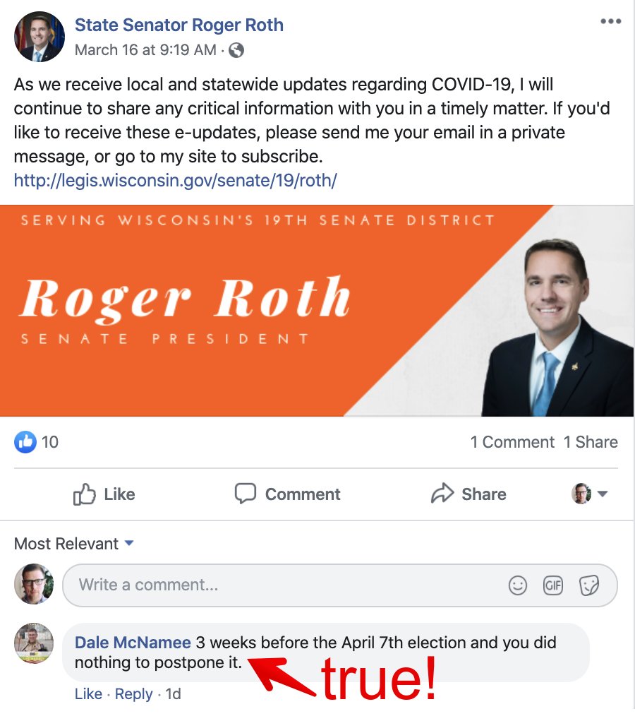 Constituents, feel free to offer feedback on Roth's senate presidency at (608) 266-0718, Sen.Roth@legis.wi.gov,  @SenatorRoth, or  https://www.facebook.com/SenRogerRoth , which is full of posts about the coronavirus emergency but is mysteriously silent about the risk of mass in-person voting!