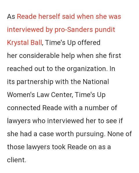 Tara was connected to lawyers to see if she had a case.None of the lawyers took her on as a client. Reade is a lawyer too, btw. Why?Reade wasn't interested in pursuing a case against Biden.She wanted lawyers to stop people from calling her a Russian Agent.Seems legit.