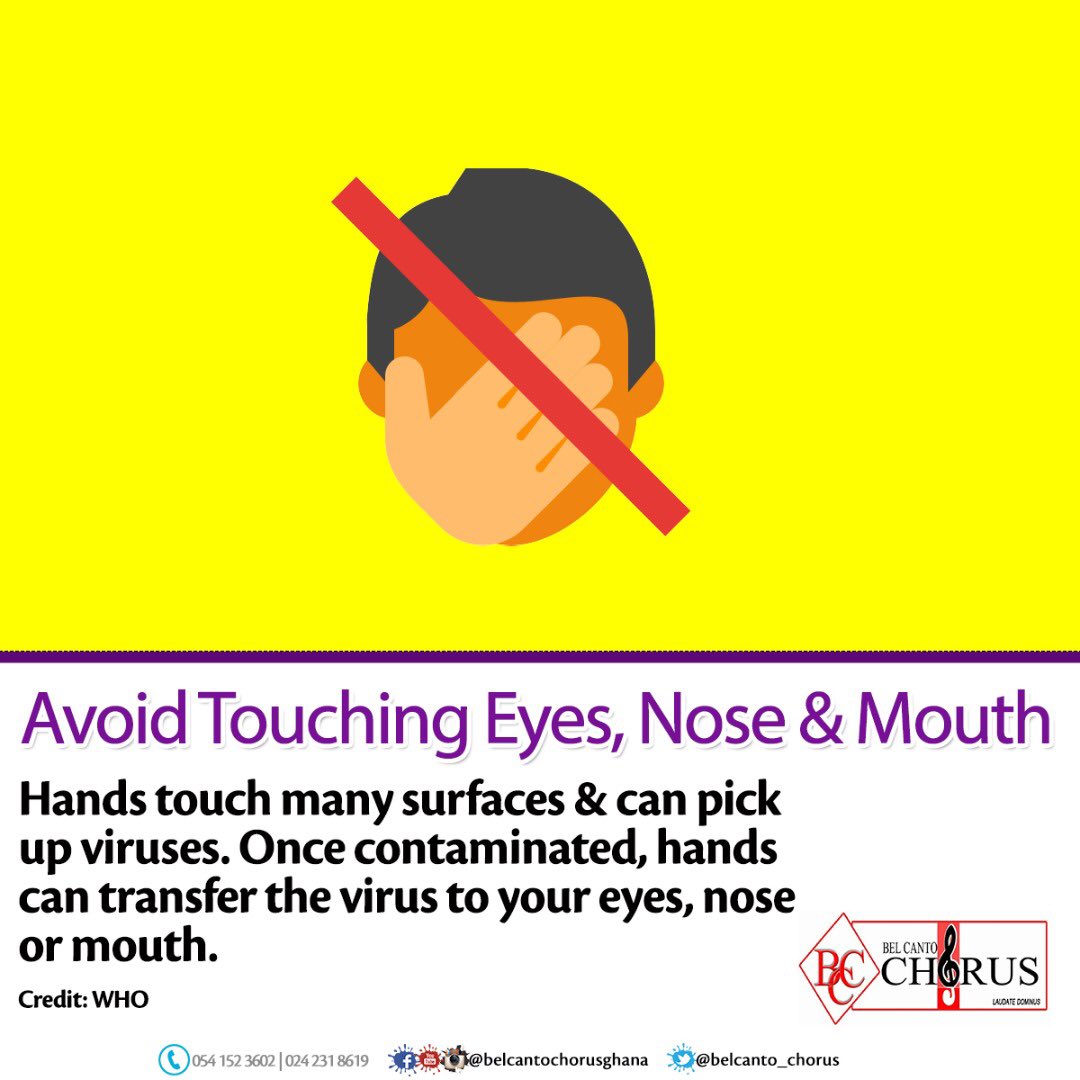 belcanto_chorus's tweet photo. Avoid toucing of your face with your hands. Stay at home to help stop the spread of the disease. #convid19 #avoidtouchingyourface #avoidtounchingyoureyesnoseandmouth #usenosemask #StayHome https://t.co/tp3gwMyWKi
