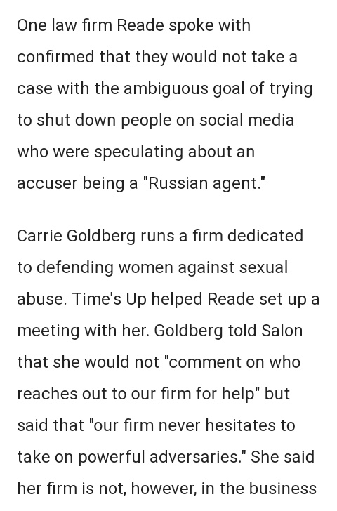 One law firm confirmed that they don't take cases about shutting up Twitter trolls. Again, Reade does not want legal action against Biden.She wanted a PR firm for "protection" and to handle phone calls.What the fuck kind of sense does this even make?She's mad...