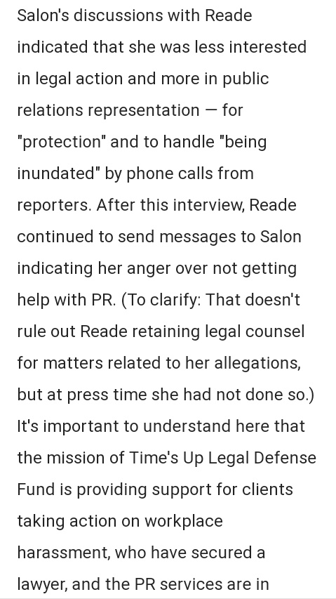 One law firm confirmed that they don't take cases about shutting up Twitter trolls. Again, Reade does not want legal action against Biden.She wanted a PR firm for "protection" and to handle phone calls.What the fuck kind of sense does this even make?She's mad...