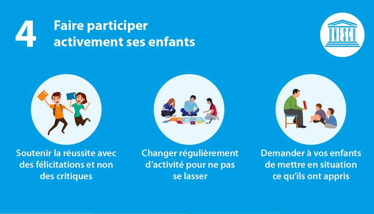 UNESCO_fr's tweet photo. #COVID19 : voici quelques conseils pour encourager l’apprentissage de votre enfant à la maison. 
#PartagezlEducation https://t.co/b0GeexvtNh
