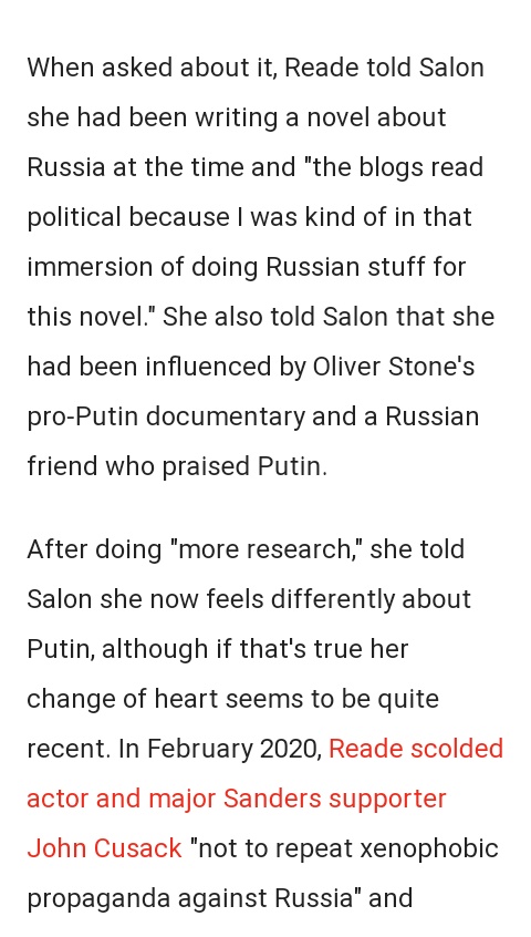 She is mad she didn't get a pr firm helping her and kept sending messages to Salon about it. Why did she write those blog posts about Putin?She watched an Oliver Stone doc, was writing a novel, and had a Russian friend who praised him.So, VERY EASILY INFLUENCED.