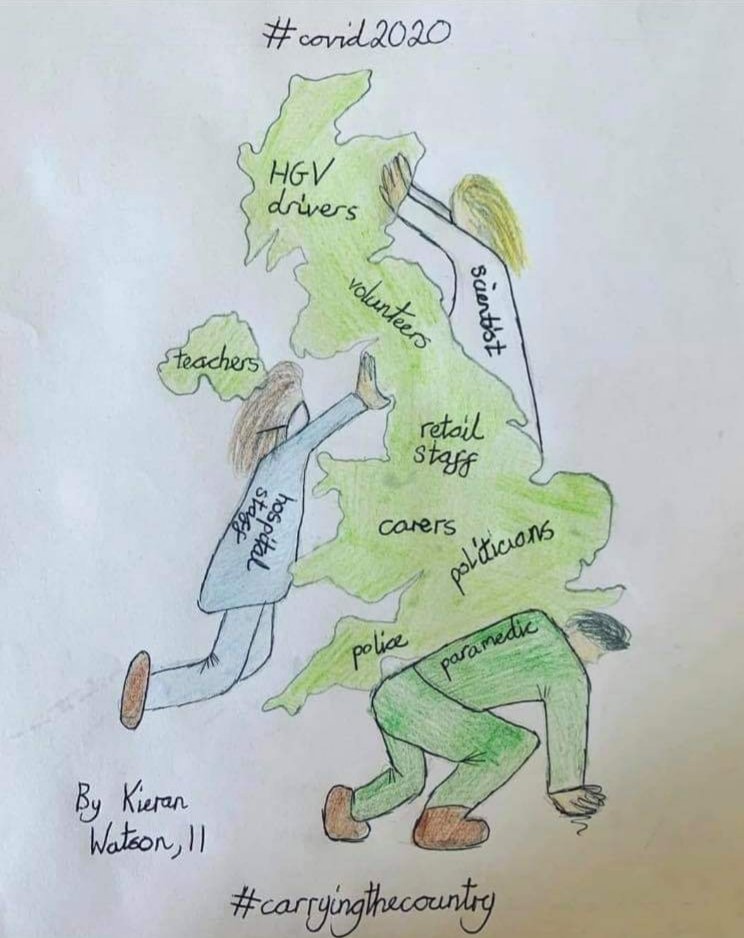 StGeorgesSch's tweet photo. We just wanted to share this incredible drawing from an 11 year old boy. It's such a powerful interpretation of what all of our wonderful key workers are doing right now. #carryingthecountry https://t.co/oyLpgA5UeB https://t.co/lOVcGcZzaz