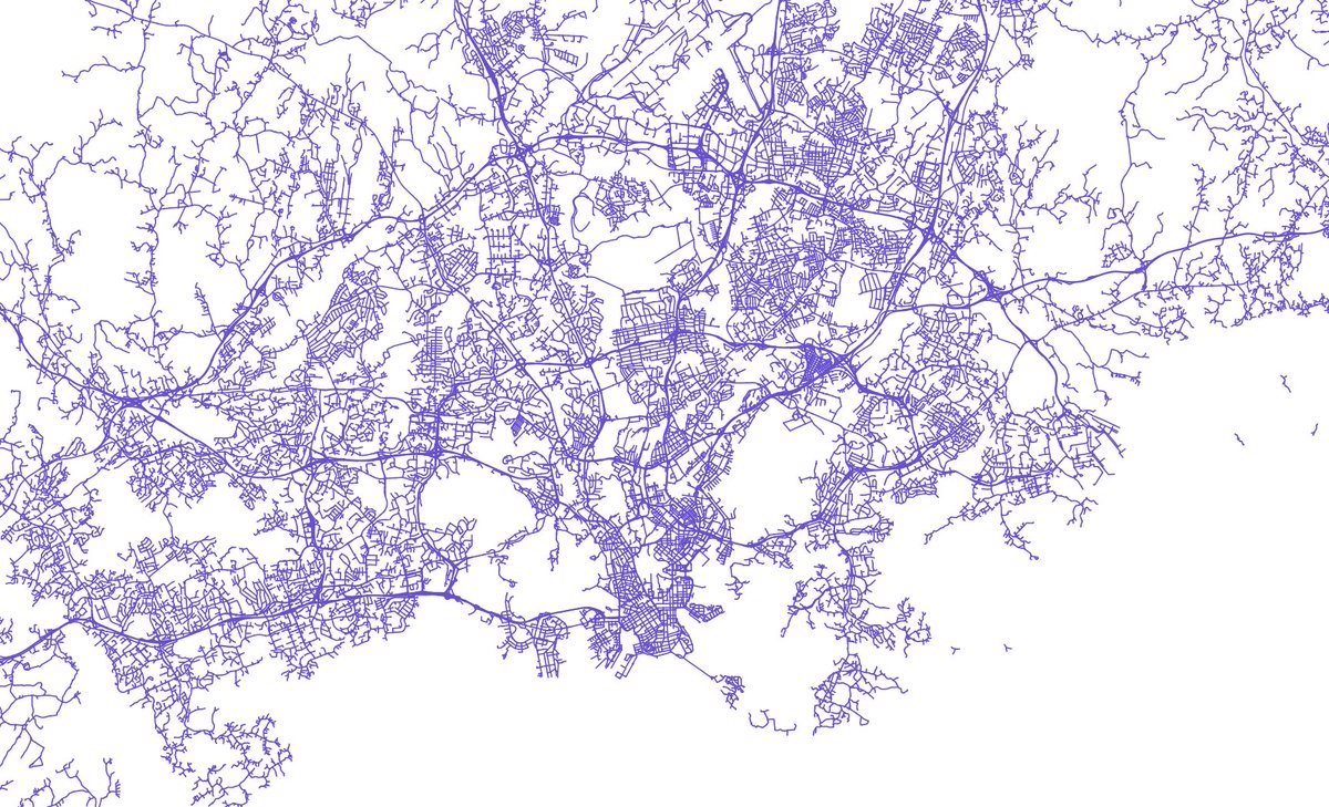 Same data. Two simple #QGIS tricks to make it look very different:
1. Adjust line width based on an attribute. I am using a dynamic expression here (speed limit / 200)
2. Use feature blending mode to highlight overlapping lines. This map is using multiply.