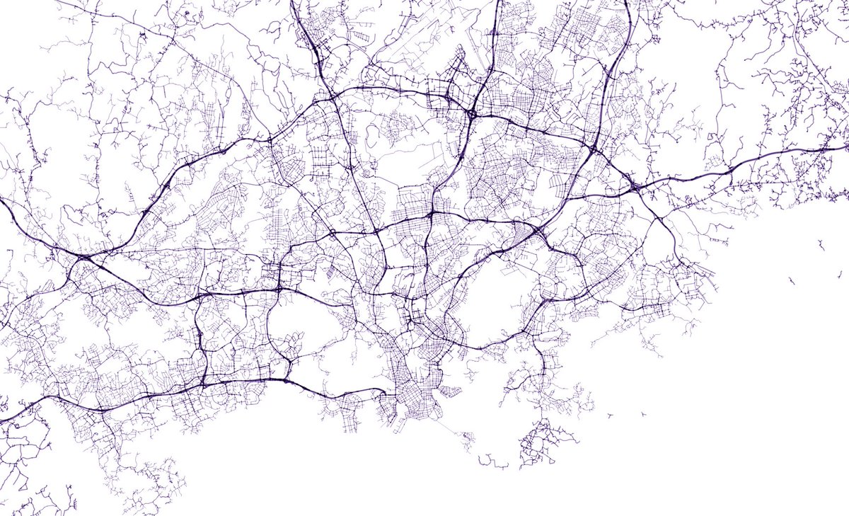 tjukanov's tweet photo. Same data. Two simple #QGIS tricks to make it look very different:
1. Adjust line width based on an attribute. I am using a dynamic expression here (speed limit / 200)
2. Use feature blending mode to highlight overlapping lines. This map is using multiply. https://t.co/cb9w1fTYNK