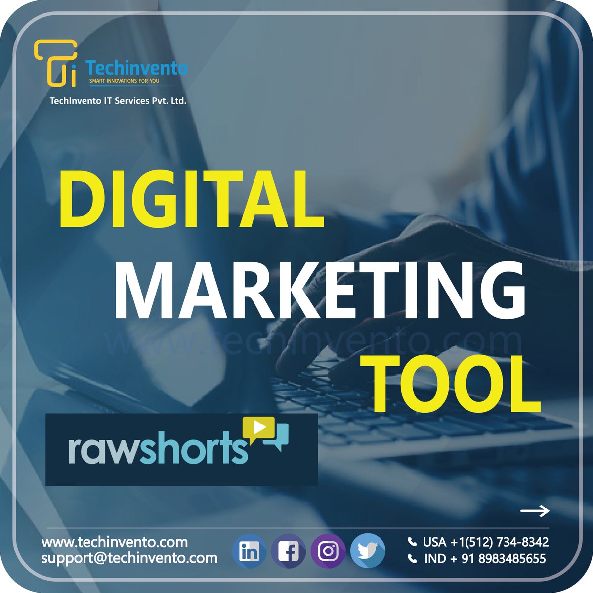 tech_invento's tweet photo. RawShorts provide a platform for creating demo and marketing videos using a drag and drop web video builder.
USA:+1(512)7348342
INDIA:+91-7507540231
support@techinvento.com
#software #softwaredeveloper #austintexas #usa #freelance #techinvento #digitalmarketing #SEO #rawshorts https://t.co/n9lsvF3mkN