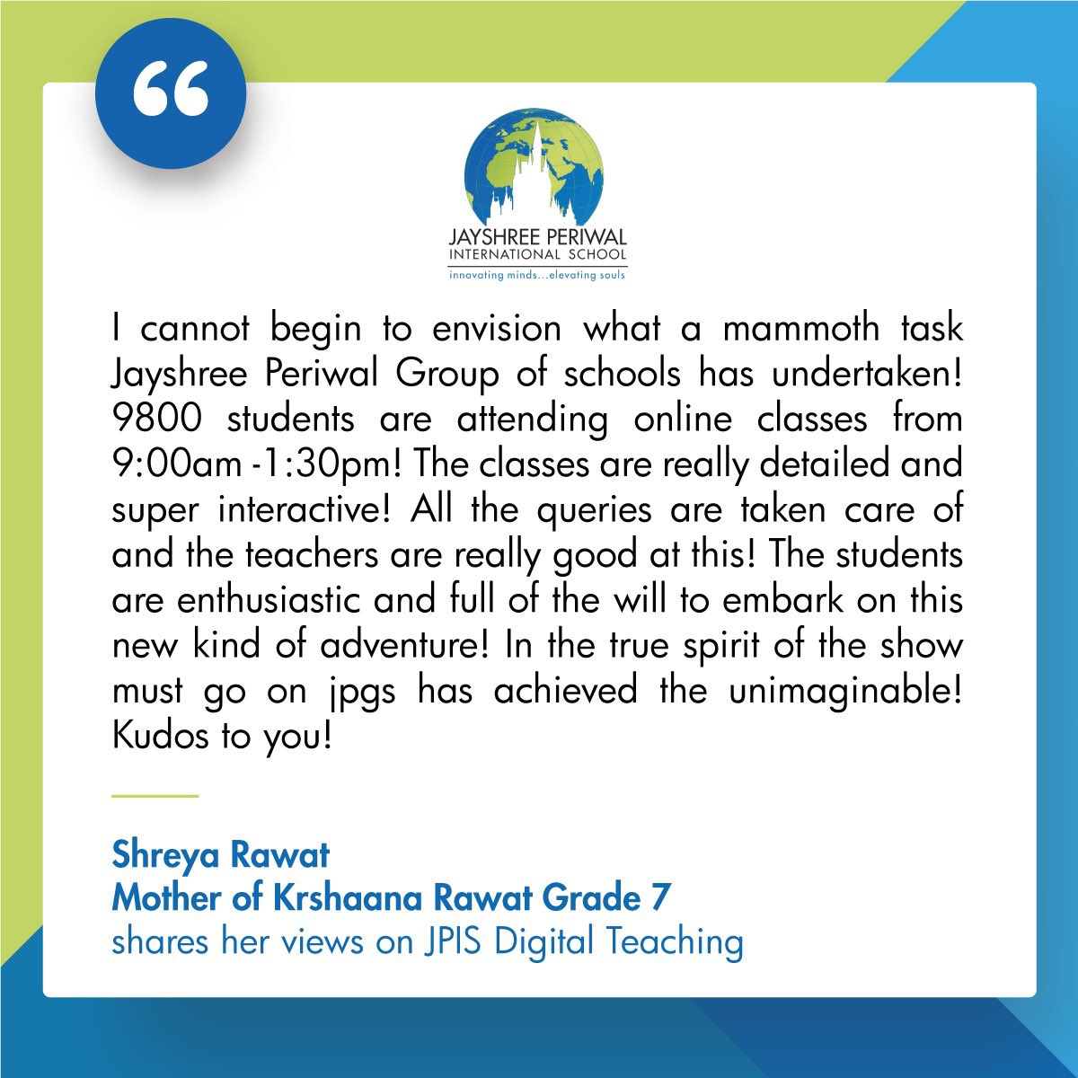 Shreya Rawat, mother of Krshaana Rawat Grade 7 shares her views on JPIS Digital Teaching.
#elearning #education #learning #edtech #onlinelearning #teaching #edchat #school #classroom #k #digitallearning #students #training #elearningtraining #mlearning #elearningdevelopment
