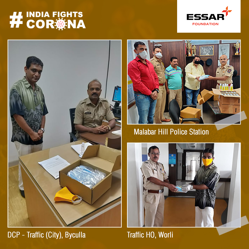 Providing crucial services during lockdown, the <a href="/MumbaiPolice/">मुंबई पोलीस - Mumbai Police</a> is the first line of defence. #EssarFoundation distributed 2,500 3-Ply masks and hand sanitisers to nine South Mumbai Police Stations. #IndiaFightsCorona