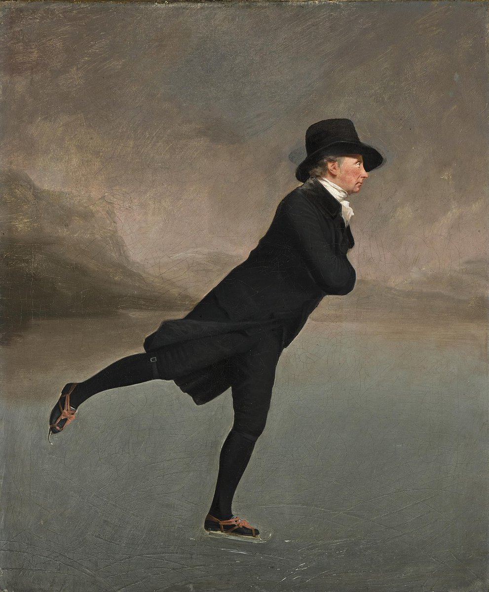 The Reverend Robert Walker skating on Duddingston Loch (1784) by Henry RaeburnThe composition and subject matter of the painting are unusual among Scottish paintings. His stark black outfit contrasts strongly with the misty backdrop, and is reminiscent of 17th century Dutch art