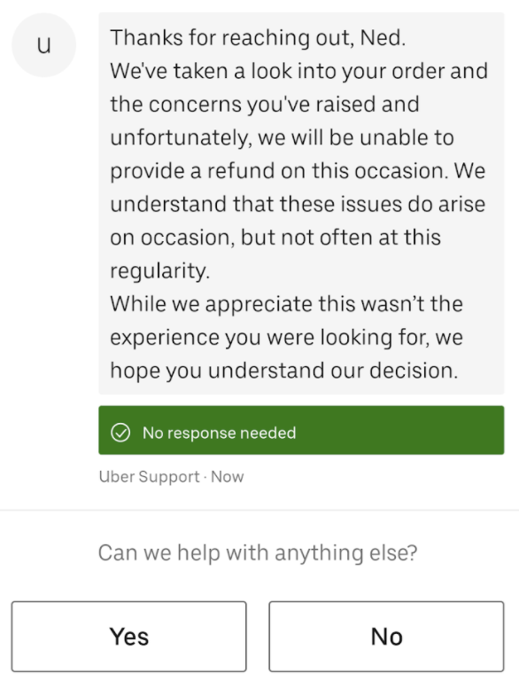 Back to last nights order, following sending a photo of the order receipt to show it was completely wrong. The response that we got from  @ubereats_uk in app support was the following...