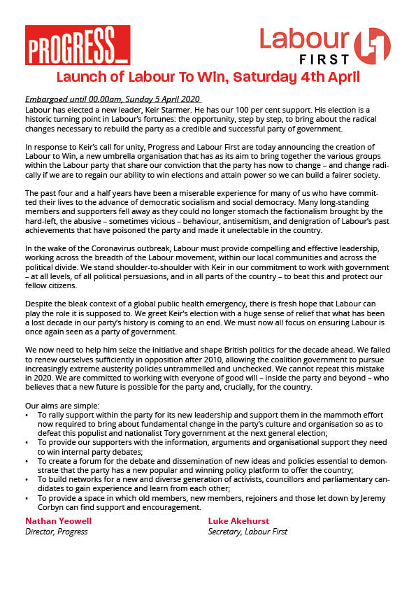progbrit's tweet image. A statement from us and @labour_first about the launch of Labour To Win - more details to come #AnotherFutureIsPossible