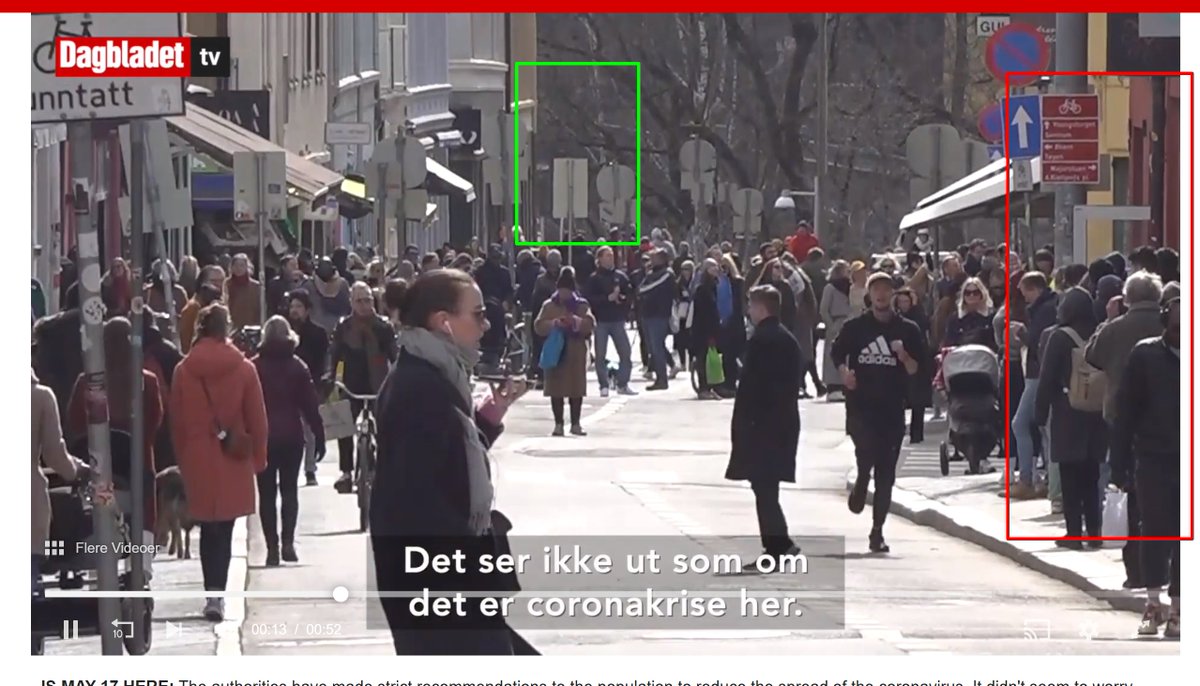 The amount of distance this video is compressing is stunning. The foreground is booze shop (red), background is the end of the street (green). Street view shows what it looks like with a wide, rather than telephoto lens, from roughly the same spot:  https://www.google.com.au/maps/@59.9213387,10.7573892,3a,90y,188.39h,84.79t/data=!3m6!1e1!3m4!1sszVPbBqaHRpXYuUg51mYMQ!2e0!7i16384!8i8192