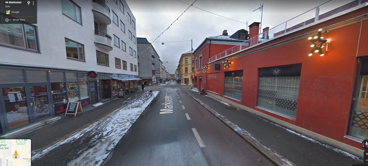 The amount of distance this video is compressing is stunning. The foreground is booze shop (red), background is the end of the street (green). Street view shows what it looks like with a wide, rather than telephoto lens, from roughly the same spot:  https://www.google.com.au/maps/@59.9213387,10.7573892,3a,90y,188.39h,84.79t/data=!3m6!1e1!3m4!1sszVPbBqaHRpXYuUg51mYMQ!2e0!7i16384!8i8192