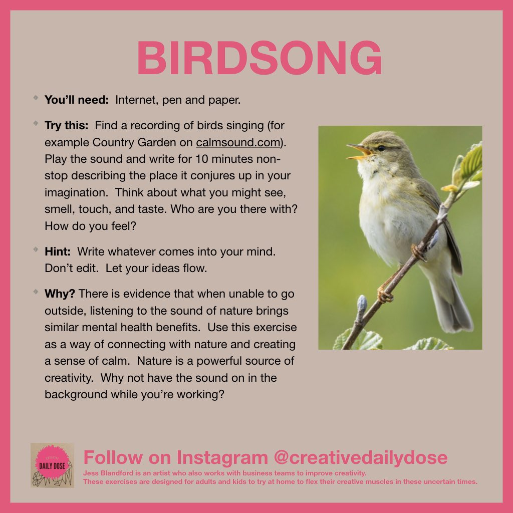 creativedailyd1's tweet photo. Did you know that listening to the sounds of nature gives similar mental health benefits to actually being outdoors?   This idea aims to pump that up to the max by giving your imagination a full work-out.  Think of it as Joe Wicks for the soul... 
#cofight19
#creativedailydose https://t.co/p33kTHM8OQ
