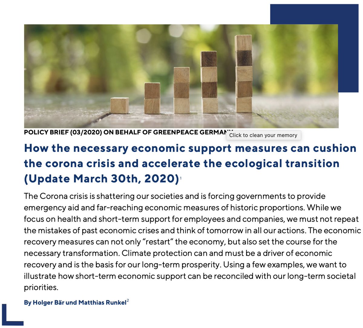 (8) Our own  @foes_news Policy Brief, published March 23, argues why mistakes from past economic crises must be avoided. Using examples, we tried to illustrate how to align short-term recovery and long-term green transformation German & engl. versions here:  https://twitter.com/foes_news/status/1241986837478080513