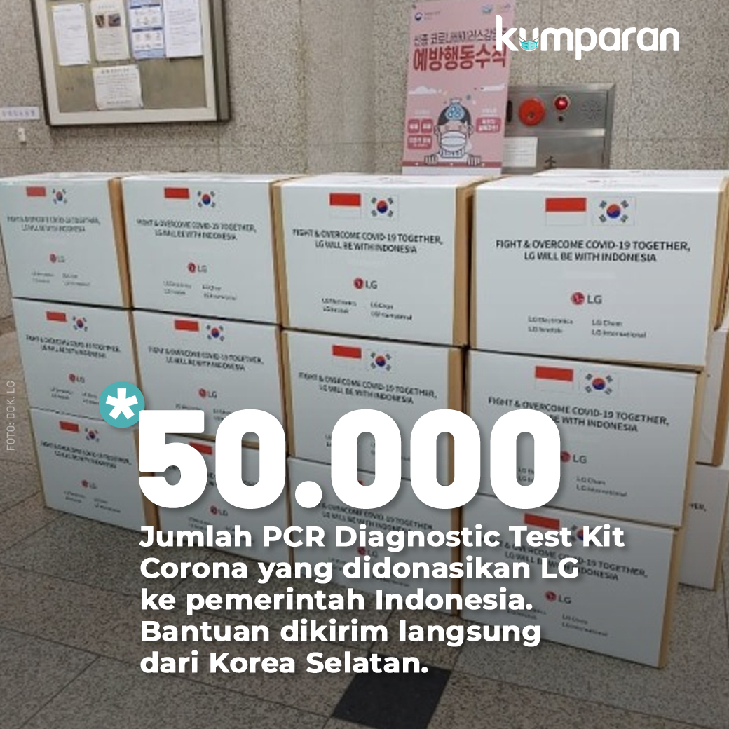 kumparan's tweet photo. LG merealisasikan bantuan untuk penanggulangan wabah virus corona kepada pemerintah Indonesia. Bantuan yang diberikan yakni sebanyak 50.000 buah PCR (polymerase chain reaction) diagnostic test kit dan dikirim langsung dari Korea Selatan. #TopNews https://t.co/Nd8lwOLtjp https://t.co/KsxqHlT2yM