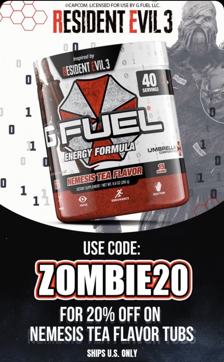 AkiUp_Gaming's tweet photo. Buy the Nemesis Tea Flavor and Save 20% off when you use the Promo Code: ZOMBIE20 #GFUEL #ResidentEvil https://t.co/tTnPPOI1E7