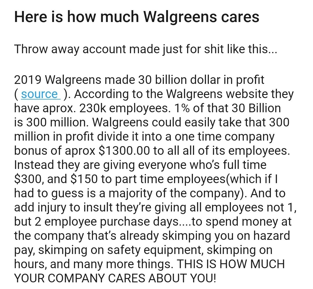 HazardPay2's tweet photo. Taken from Reddit, I cut off the username to protect the OP. 

The "solution" #Walgreens is offering is a meager bonus, they get to wear jeans, two discount days. 

Employees is some states have tested positive for Covid-19, and that's all they get, WTF?? #HazardPayNow https://t.co/4yF39K0Dnc