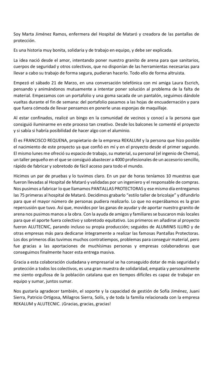 mos_S_O_S's tweet photo. Homenatge a l’enfermera Marta Jiménez, REKALUM i ALUMINIS MATARÓ per tenir la idea de fer pantalles protectores, muntar la producció, distribució i difusió de la informació perquè tothom ho pogués aprofitar
👇🏻👇🏻👇🏻👇🏻👇🏻👇🏻👇🏻👇🏻👇🏻👇🏻👇🏻👇🏻 https://t.co/z5wtmr8TyL