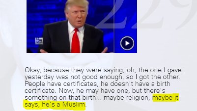 8/April 1, 2011 - Trump appears on Bill O'Reilly, declaring that Obama could be a Muslim, or might not have a birth certificate at all. He claims that 'everyone' is telling him that the Taliban and Osama bin Laden are in Pakistan. Also, that he would always put America first.