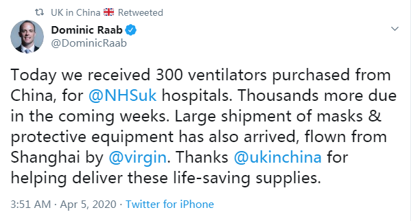 CGTNOfficial's tweet photo. UK confirms arrival of first 300 ventilators from China #COVID19 #CoronavirusOutbreak

more: https://t.co/LUKO28uMD2 https://t.co/Fde9tpI598