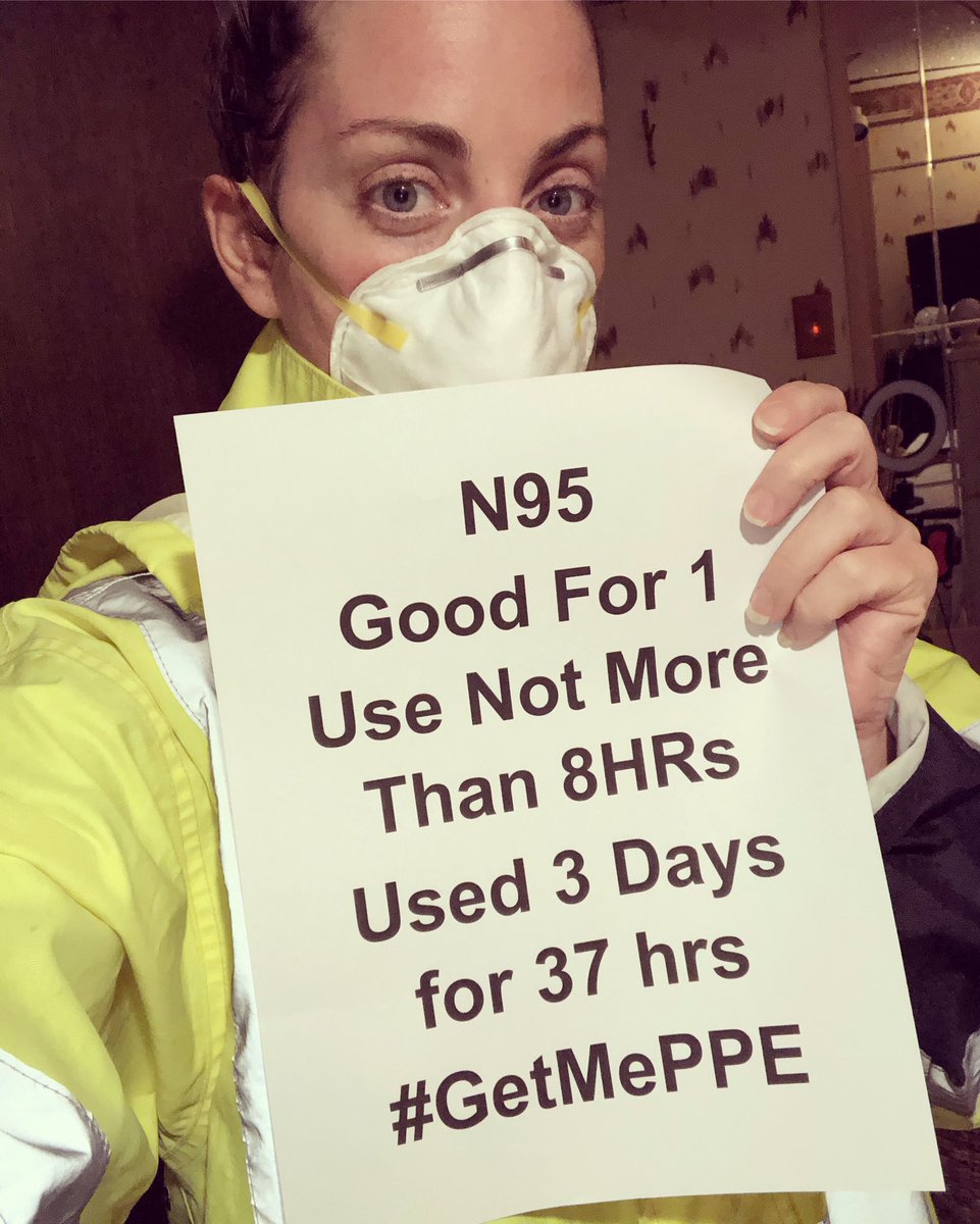 njsaferatios's tweet photo. Can we do a thing. On Sunday can we tweet a pic @realDonaldTrump with #GetMePPE #DPA4PPE in mass amounts to put an end to HCPs and first responders dying for lack of #PPE Fill in how many days and hours you’ve worn your N95/surgical mask for. #medtwitter #NursesCOVID19 https://t.co/KKzWY3CQFk
