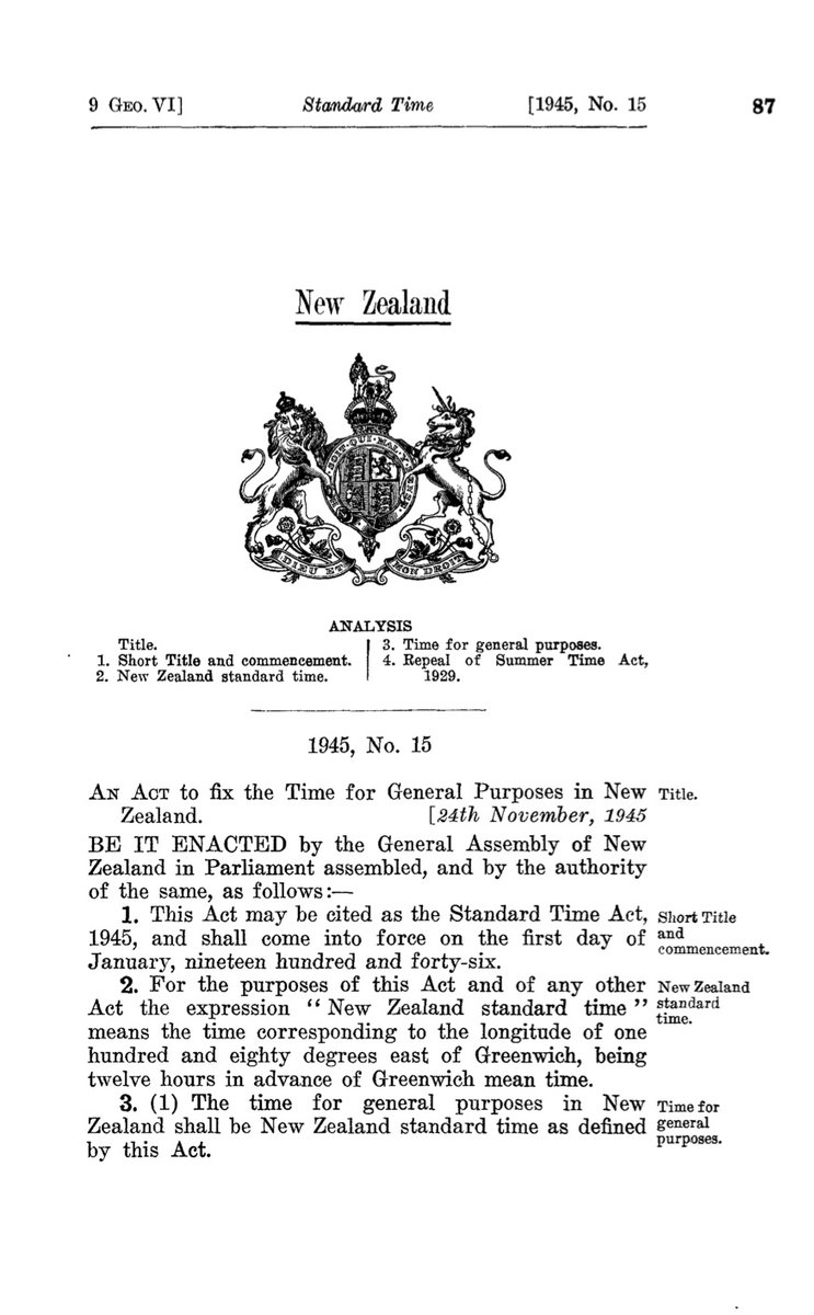 Emergency regulations during WWII made New Zealand's summer time the standard time from 1941, and in 1945 this became permanent. Here's the rather straightforward legislation that made NZ Summer Time into today's NZ Standard Time.