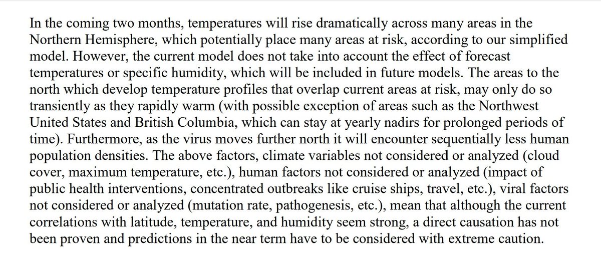 Kembali ke paper Sajadi et al.Beliau dkk menyatakan bahwa model mere ini model yg disimplifikasi. Ada banyak faktor yg belum di-consider. Beliau juga mengingatkan kalau hubungan sebab akibat langsung antara posisi lintang, temperatur dan persebaran virus ini belum terbukti.