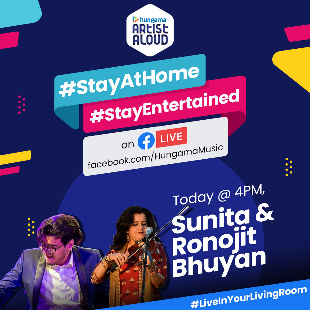 HungamaOTT's tweet photo. Fusion Fun! The Collab of magical sounds LIVE on Hungama-Artist Aloud #StayAtHome #StayEntertained at 4️⃣PM 🎻🎹⏳
@sunitaviolin #RonojitBhuyan
@ArtistAloud
@Facebook #LiveInYourLivingRoom https://t.co/Tzzcoi1qlK