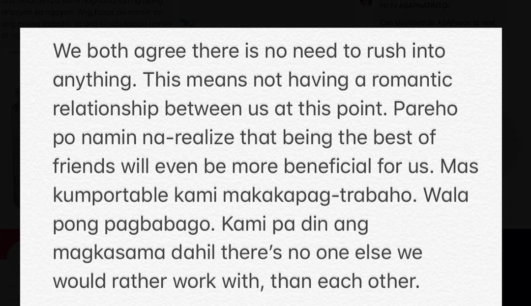 0xbebex0's tweet photo. "Wala pong nagbago. Kami pa din ang magkasama dahil there's no one else we rather work with, than each other."

Napatunayan ko na ganito dapat ang mga kabataan ngayon, hindi dapat minamadali ang lahat. Let's stan harder for these two ✊

MAHAL NAMIN KAYO MAYWARD https://t.co/xSrAh0HhMV