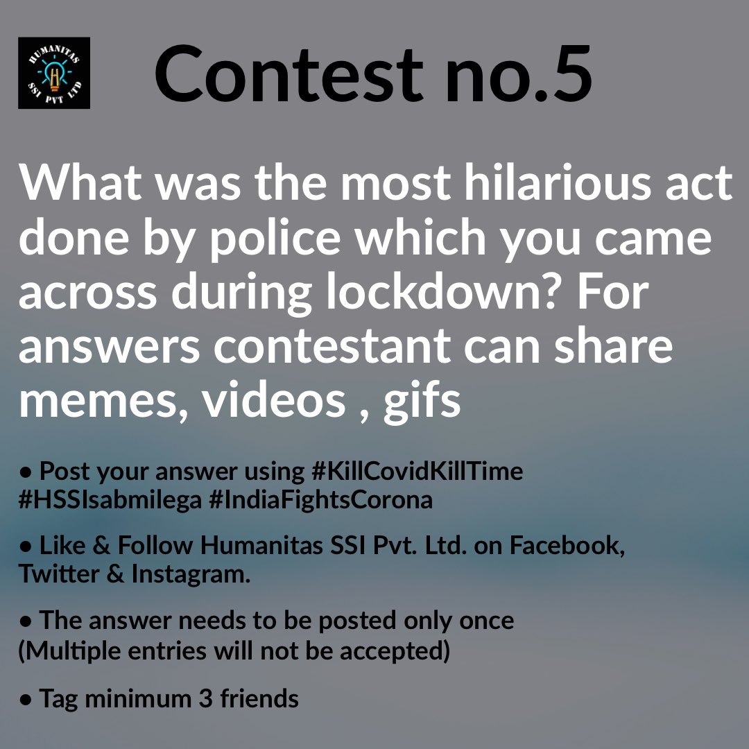 Presenting our 05th Contest question!
#HSSIsabmilega #CoronaLockdown #CoronaUpdate #LockdownWithoutPlan #Covid19 #KillCovidKillTime #ContestAlert #Contest #Covid19India #Contests #ContestChampions #Quarantine #SocialDistancing #21DaysLockdown #ContestAlertIndia #IndiafightsCorona