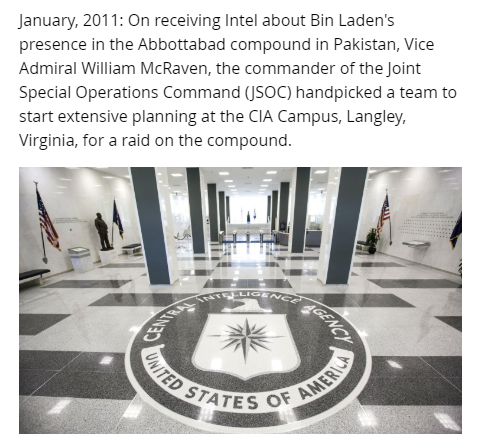 2/We have to go back to 2011, a very important year.January 2011 - Vice Admiral William McRaven, the commander of the Joint Special Operations Command (JSOC), picks a team to start planning a raid on a compound in Pakistan where Osama bin Laden was believed to be hiding.