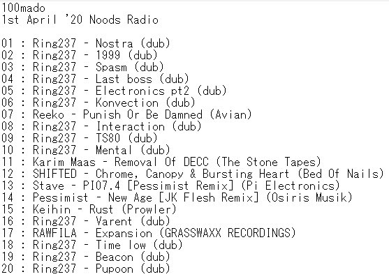先日放送されたNOODS RADIO [mars89君]の回、後半の100madoさんのミックスが2、3年前ぐらいに100madoさんと組んだユニット[Ring237]の曲メインで構成されてますので是非聴いて下さい！
