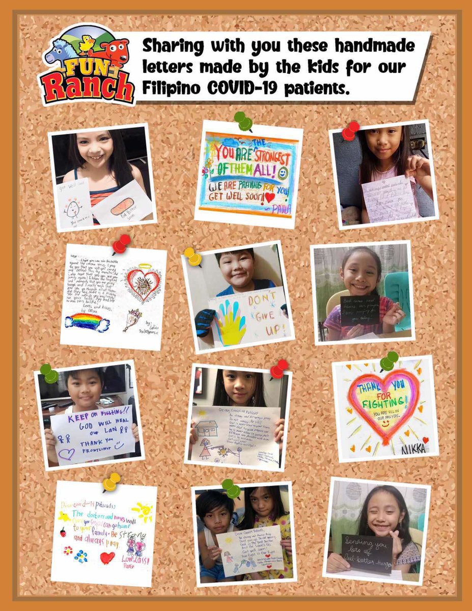 funranch's tweet photo. Happy Sunday! 🌟🙏🏼❤️

Sharing with you these handmade letters made by the kids for our Filipino COVID-19 patients. It was really heartwarming to see their cards &amp; calling them brave &amp; strong. In these tough times, the only thing we hope everyone catches is contagious positivity! https://t.co/4ePTj69BBf
