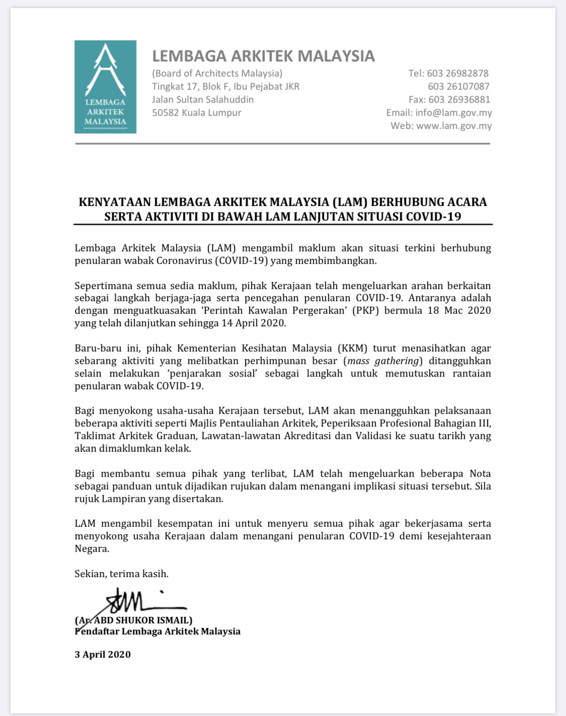 Lembaga Arkitek Malaysia En Twitter Kenyataan Lembaga Arkitek Malaysia Lam Berhubung Acara Serta Aktiviti Di Bawah Lam Lanjutan Situasi Covid 19